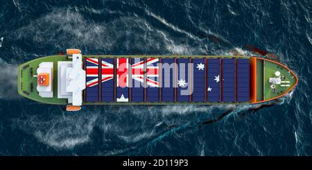 Frachtschiff mit australischen Frachtcontainern, die im Ozean segeln, 3D-Rendering Stockfoto