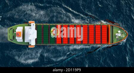 Frachtschiff mit portugiesischen Frachtcontainern, die im Ozean segeln, 3D-Rendering Stockfoto
