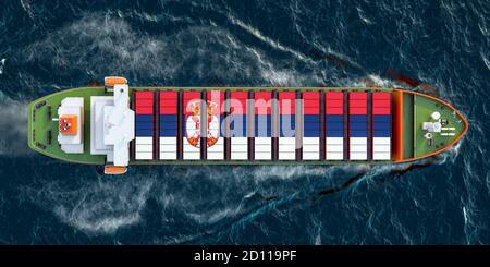 Frachtschiff mit serbischen Frachtcontainern, die im Ozean segeln, 3D-Rendering Stockfoto