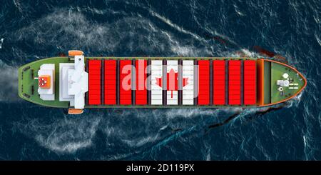 Frachtschiff mit kanadischen Frachtcontainern, die im Ozean segeln, 3D-Rendering Stockfoto