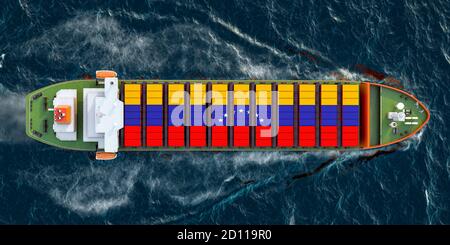 Frachtschiff mit venezolanischen Frachtcontainern, die im Ozean segeln, 3D-Rendering Stockfoto
