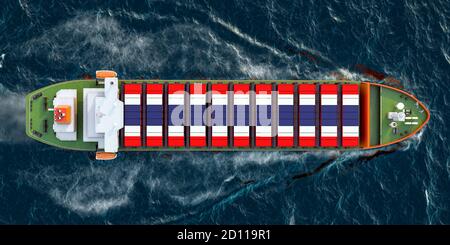 Frachtschiff mit Thailand Cargo Container Segeln im Ozean, 3D-Rendering Stockfoto