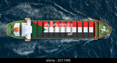 Frachtschiff mit sudanesischen Frachtcontainern, die im Ozean segeln, 3D-Rendering Stockfoto