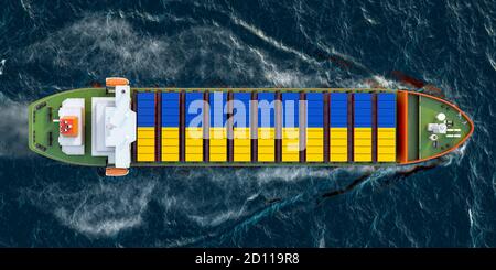 Frachtschiff mit ukrainischen Frachtcontainern, die im Ozean segeln, 3D-Rendering Stockfoto