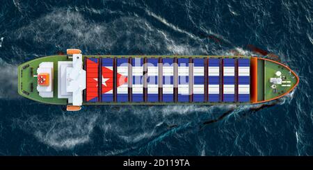 Frachtschiff mit kubanischen Frachtcontainern, die im Ozean segeln, 3D-Rendering Stockfoto