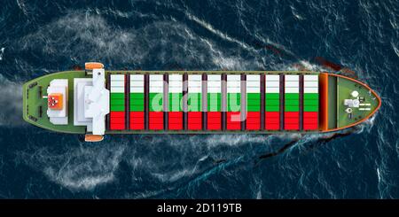 Frachtschiff mit bulgarischen Frachtcontainern Segeln im Ozean, 3D-Rendering Stockfoto