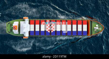Frachtschiff mit kroatischen Frachtcontainern, die im Ozean segeln, 3D-Rendering Stockfoto