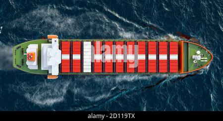 Frachtschiff mit dänischen Frachtcontainern, die im Ozean segeln, 3D-Rendering Stockfoto