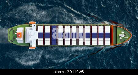 Frachtschiff mit finnischen Frachtcontainern, die im Ozean segeln, 3D-Rendering Stockfoto