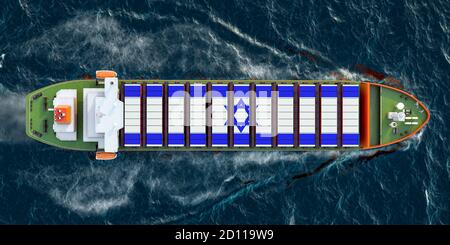 Frachtschiff mit israelischen Frachtcontainern, die im Ozean segeln, 3D-Rendering Stockfoto
