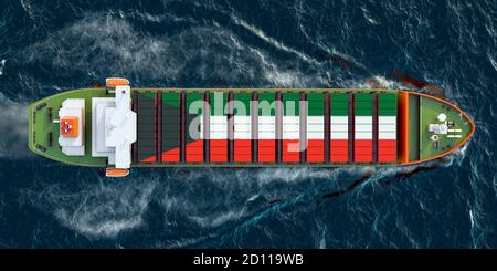 Frachtschiff mit Kuwait Cargo Container Segeln im Ozean, 3D-Rendering Stockfoto