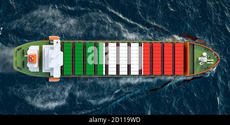 Frachtschiff mit italienischen Frachtcontainern, die im Ozean segeln, 3D-Rendering Stockfoto
