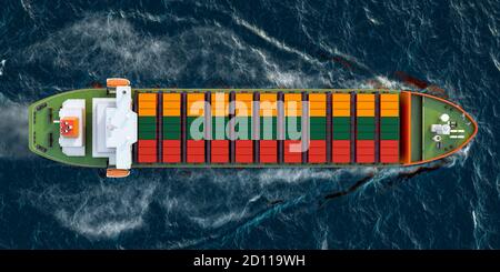 Frachtschiff mit litauischen Frachtcontainern, die im Ozean segeln, 3D-Rendering Stockfoto