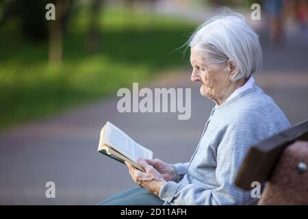 Porträt einer älteren Frau, die im Park ein Buch liest Stockfoto
