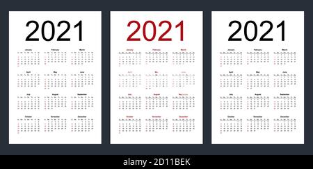 Einfacher editierbarer Vektorkalender für das Jahr 2021. Woche beginnt ab Sonntag. Vertikal. Isolierte Vektordarstellung auf weißem Hintergrund. Stock Vektor