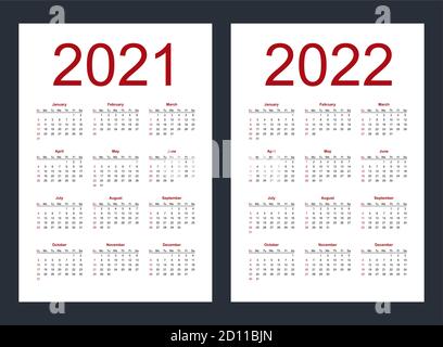 Einfache editierbare Vektorkalender für das Jahr 2021, 2022. Woche beginnt ab Sonntag. Vertikal. Isolierte Vektordarstellung. Stock Vektor
