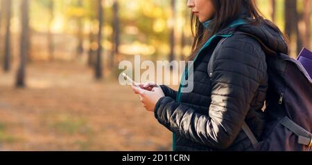 Unerkennbare Frau mit Smartphone im Herbstwald Stockfoto