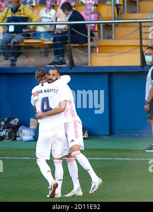 Karim Benzema von Real Madrid feiert ein Tor mit Sergio Ramos während der spanischen Meisterschaft La Liga Fußball mach dazwischen Levante und Real Madrid Stockfoto