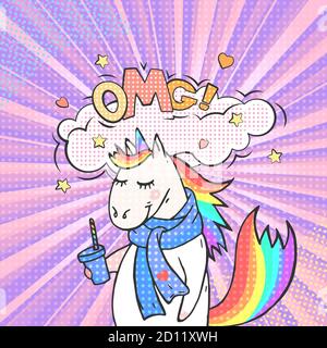 Fee Tier Einhorn und Sprechblase mit Text OMG! Vektor hellen Hintergrund in Pop-Art Retro-Comic-Stil. Stock Vektor