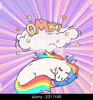 Fee Tier Einhorn und Sprechblase mit Text OMG! Vektor hellen Hintergrund in Pop-Art Retro-Comic-Stil. Stock Vektor