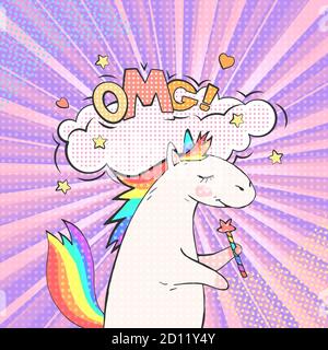 Fee Tier Einhorn und Sprechblase mit Text OMG! Vektor hellen Hintergrund in Pop-Art Retro-Comic-Stil. Stock Vektor