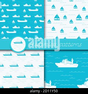 Vector Set von vier nahtlose Muster mit Schiffen: Bulk Carrier, Trockenfrachtschiff, Yacht, Segelboot. Stock Vektor