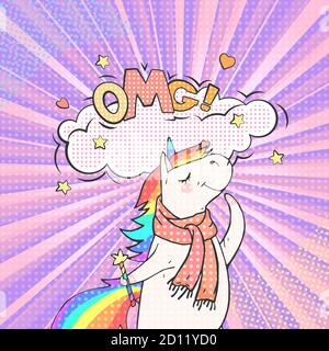 Fee Tier Einhorn und Sprechblase mit Text OMG! Vektor hellen Hintergrund in Pop-Art Retro-Comic-Stil. Stock Vektor