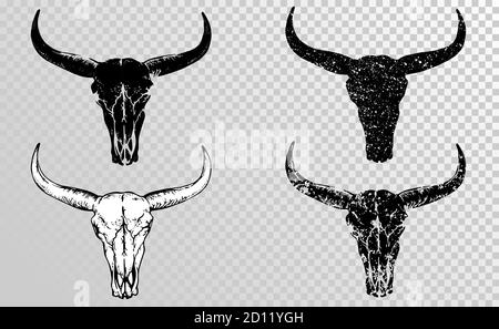 Vektor-Set von schwarzen Totenköpfen Büffel, Stier oder Kuh auf einem transparenten Hintergrund. Handgezeichnete Grafik. Schwarze Silhouetten. Stock Vektor