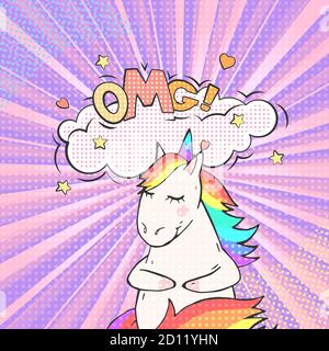 Fee Tier Einhorn und Sprechblase mit Text OMG! Vektor hellen Hintergrund in Pop-Art Retro-Comic-Stil. Stock Vektor