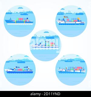 Set von runden Symbolen mit Containerschiffen, Meer und Hafen. Farbig. Siehe auch andere Symbole mit Schiffen. Stock Vektor