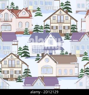 Vektor nahtloses Muster von vorstädtischen Familienhäusern und Tannen. Winterlandschaft. Flacher Style. Stock Vektor