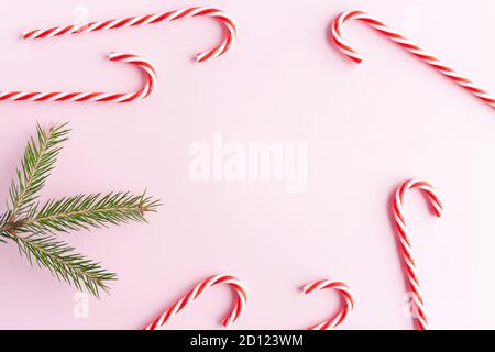 Weihnachten Süßigkeiten Stöcke und Tannenzweige flach legen Stockfoto