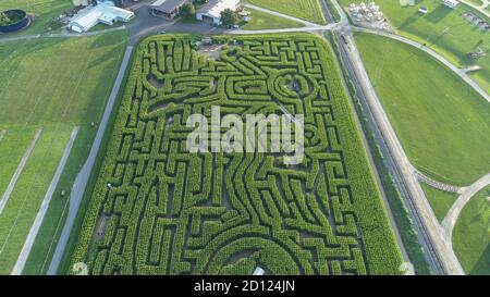 Blick von einer Drohne auf ein großes Maislabyrinth nach unten In Pennsylvania Stockfoto