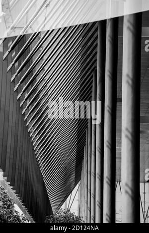 Vertikale Ansicht. Schwarzweiß-Ansicht von Säulen und Balken. Asia Square Tower. Singapur. Verwenden Sie das lange Objektiv, um die Perspektive zu komprimieren. Stockfoto