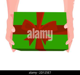 Geschenkbox in Händen. Valentinstag. Weihnachten und Neujahr. Zwei Hände halten Überraschung, präsent. Cartoon flache Illustration. Stock Vektor
