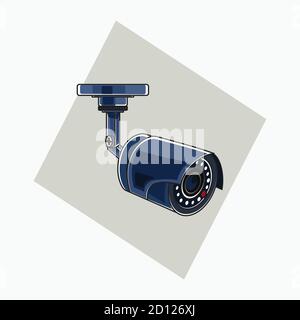 vektorabbildungen - blaues CCTV (Kameraüberwachung) - flacher Cartoon-Stil Stock Vektor