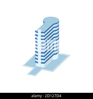 Lange Säule Business-Turm sind mit kreisförmigen Gebäude verbunden - Turm, Wohnung, Stadtkonstruktionen, Stadtbild - 3d isometrische Gebäude isoliert auf Stock Vektor