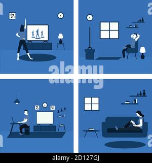 Frauen, die Aerobic machen, ein Mann, der lässig von zu Hause aus arbeitet, eine Frau, die ein Buch liest, ein Mann, der zu Hause lässig Fernsehen schaut - zweifarbige flache Illustrationen Stock Vektor