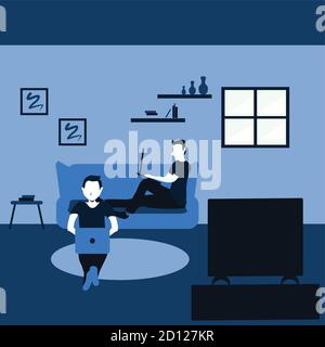 Zwei Mann sitzen lässig auf in seinem Lieblings-Wohnzimmer Lernen und Fernsehen - zweifarbige flache Cartoons Abbildungen Stock Vektor