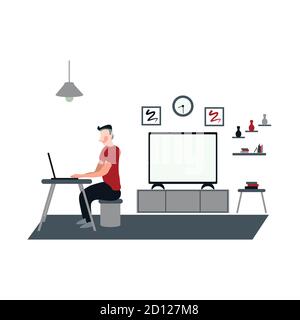 Ein Mann arbeitet für zu Hause mit Laptop - ein Mann Lässig Fernsehen zu Hause - flache Illustrationen isoliert auf Weiß Stock Vektor