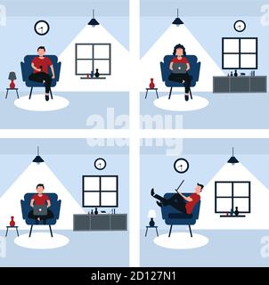 Ein Mann und eine Frau arbeiten beiläufig von zu Hause aus auf dem Lieblingssofa - Bunte flache Cartoons Illustrationen Set Stock Vektor