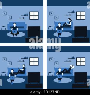 Ein junger Mann, der mit ihm lernt und Fernsehen schaut Freund - zweifarbige flache Cartoons Illustrationen Set Stock Vektor
