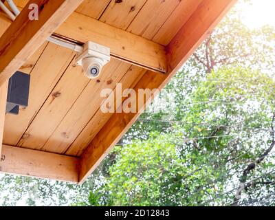 CCTV-Kamera auf Holzdecke. Outdoor-Sicherheitskamera an der Decke außerhalb des Holzhauses auf Baumhintergrund montiert. Stockfoto