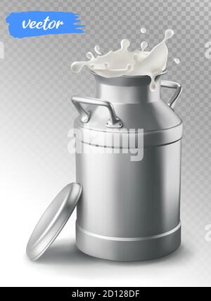 Milchbehälter und Milchspritzer. 3d-Vektorelement für die Paketgestaltung. Stock Vektor