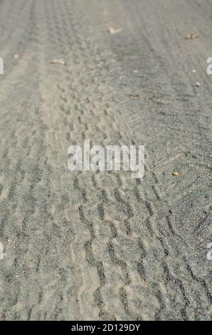 Reifenspuren auf dem grauen Sand. Gelegentliche Reifenabdrücke in zurücktretender Perspektive. Selektiver Fokus. Stockfoto