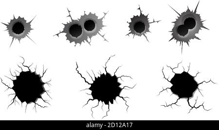 Einschussloch und geschliffene Risse gesetzt. Metall Einzel-und Doppel-Bullet-Loch, Schaden-Effekt. Erdbeben und Bodenrisse, Craquelure und beschädigte Wandstruktur. Vektor-Illustrationen zu den Themen Erdbeben, Absturz, Zerstörung Stock Vektor