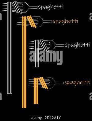 Kreative minimal Spaghetti-Logo. Gabel mit Spaghetti-Inschrift. Farbe und schwarz-weiß Stock Vektor