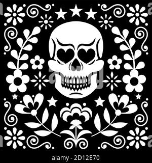 Mexikanischer Totenkopf und Blumen Vektor Design, weiße Halloween und Day of the Dead Blumendeko auf schwarz - Folk Art Stil Stock Vektor