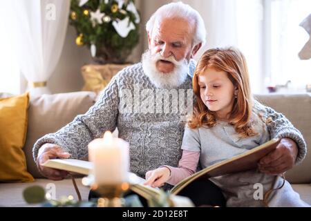 Kleines Mädchen mit älteren Großvater drinnen zu Hause zu Weihnachten, Blick auf Fotos. Stockfoto