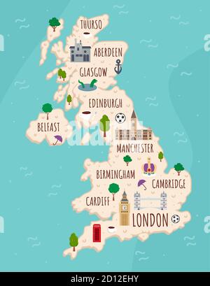 Cartoon-Karte von Großbritannien. Reise-Illustration mit britischen Wahrzeichen, Gebäuden, Lebensmitteln und Pflanzen. Lustige Touristen Infografiken. Nationale Symbole Stock Vektor